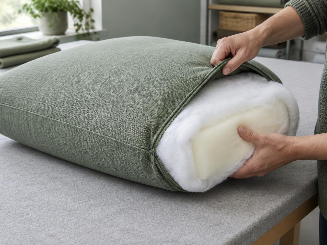 New foam with a soft white Dacron wrap being fitted into an existing sage cushion cover